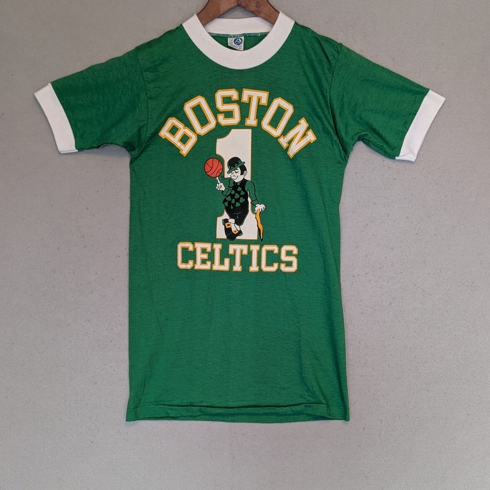 Vtg Artex Boston Celtics Ringer T Shirt Green‎ Lucky Mascot USA Small NBA 80s
